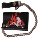 Wholesale Girl Red Flame Trifold Leather Wallet with Chain